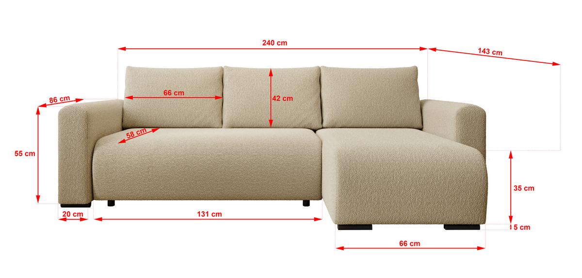 ECKSOFA DORA L, Eckcouch in L-Form mit Schlaffunktion und Bettkasten, Farbe: Creme, Bouclé-Stoff, Ottomane Rechts - Creme, Textil (240/143cm) - Storez24
