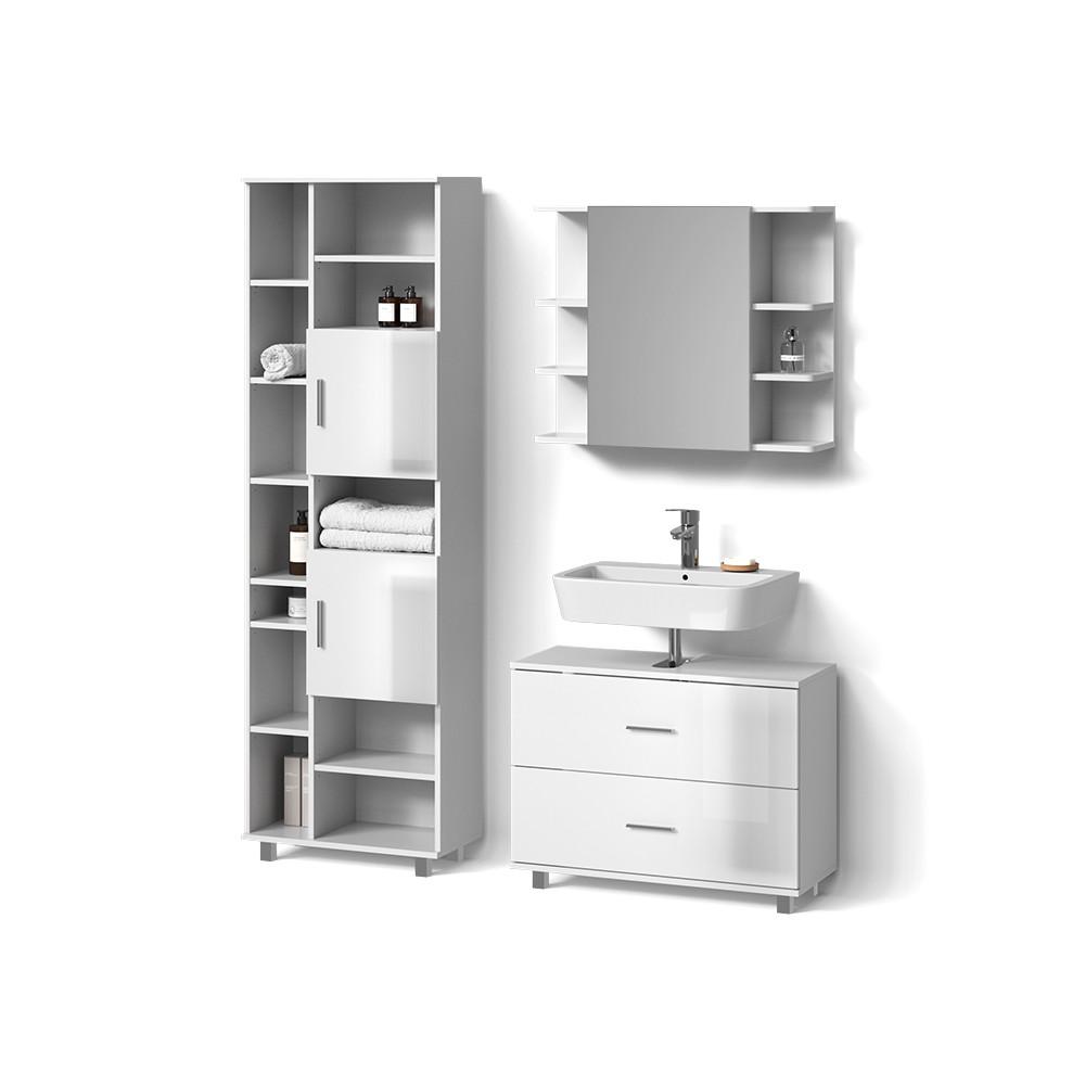 BADMÖBEL-SET Eisak Weiß Hochglanz 3 Teile, mit Hochschrank - Weiß Hochglanz, Holzwerkstoff (80/60/33cm) - Livinity®