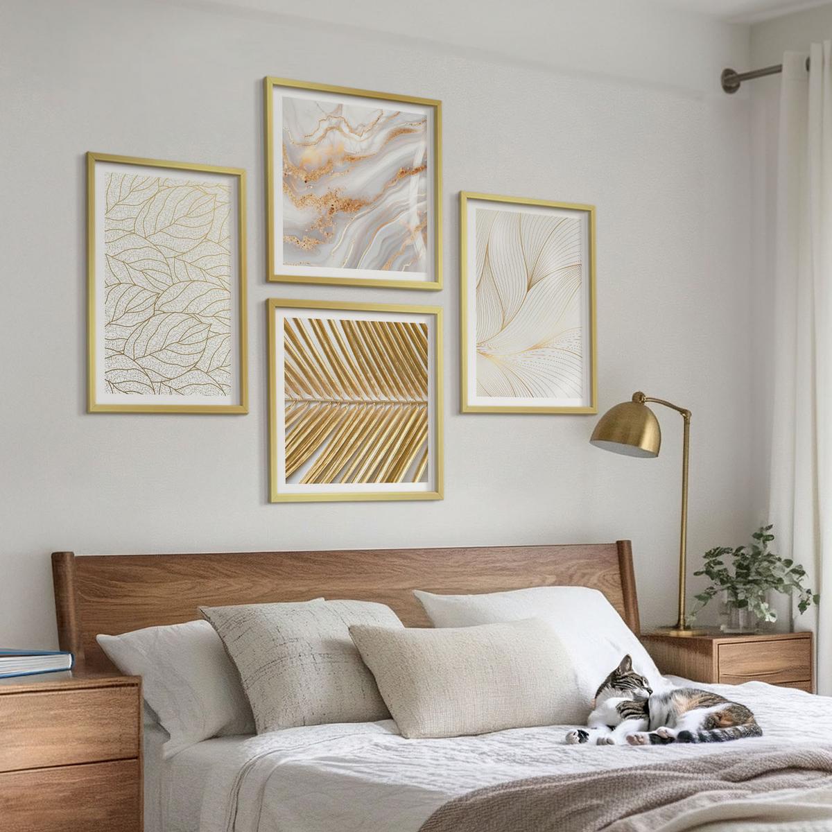 BILDER SET 4er Set - 50x50 cm & 40x60 cm Goldrahmen - Blattmuster Marmor abstrakt - Goldfarben, Kunststoff (50/50cm) - TULUP
