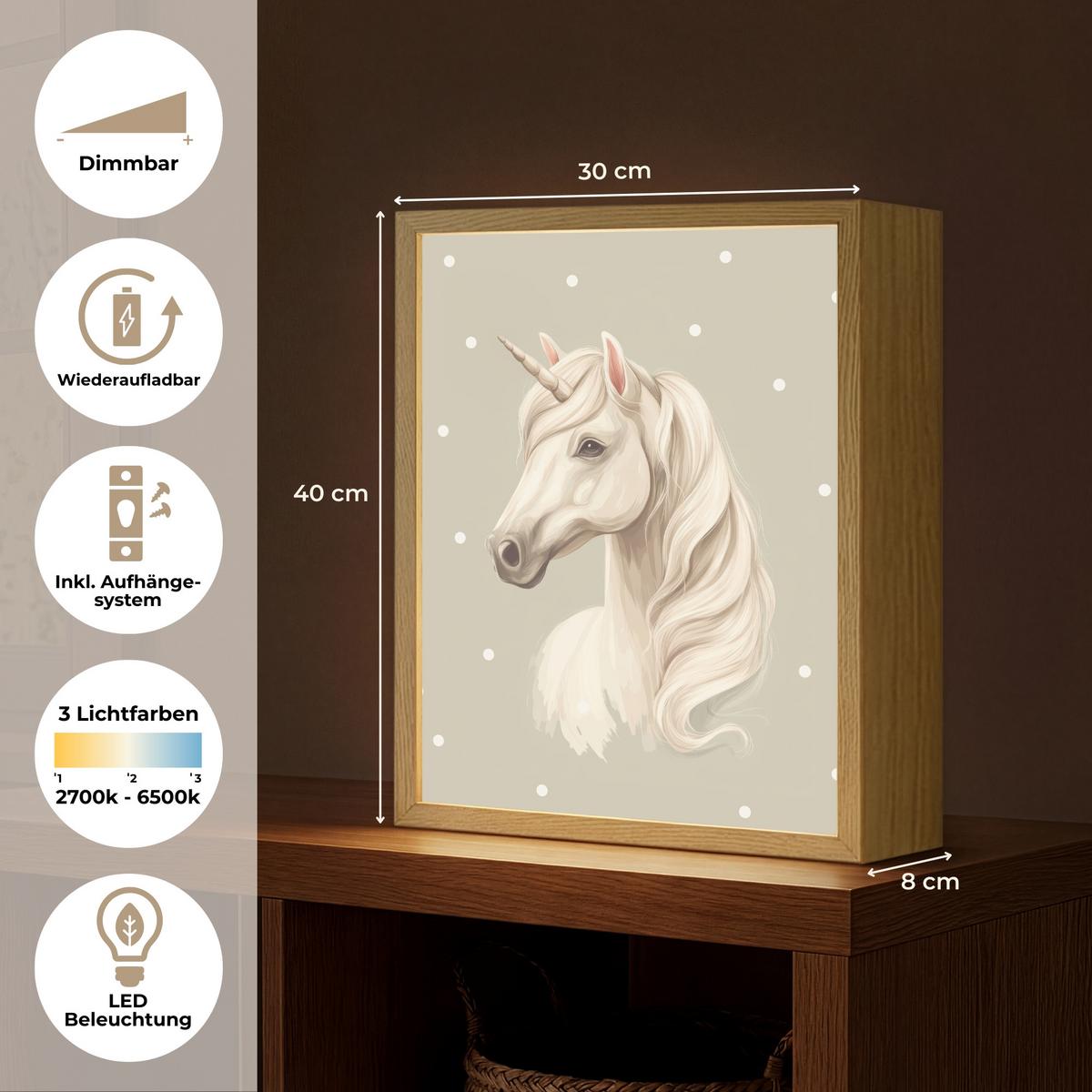 WANDLEUCHTE MIT AKKU Einhorn - Weiß - Punkte 30x40 cm - Taupe, Holzwerkstoff (30/40/8cm) - OnlyWow
