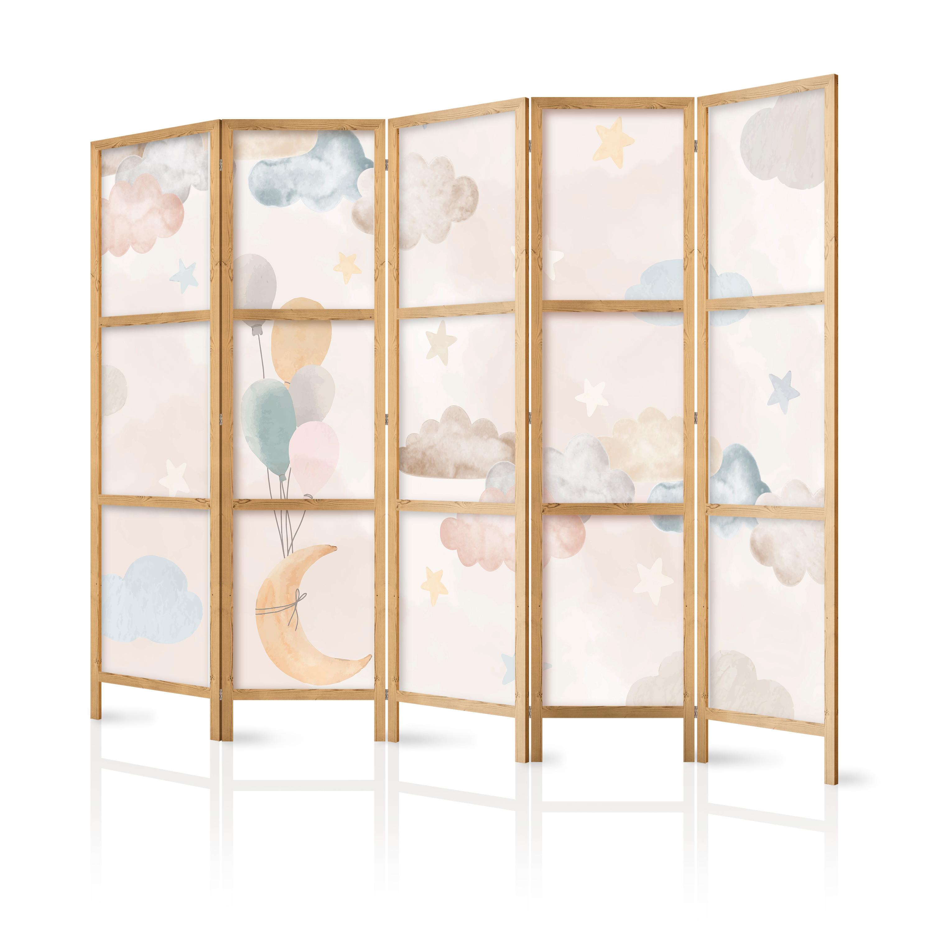 PARAVENT Japanischer 5-tlg 225x172 cm Bunte Wolken Und Sterne - Multicolor, Holz/Textil (225/172/3cm) - Muralo