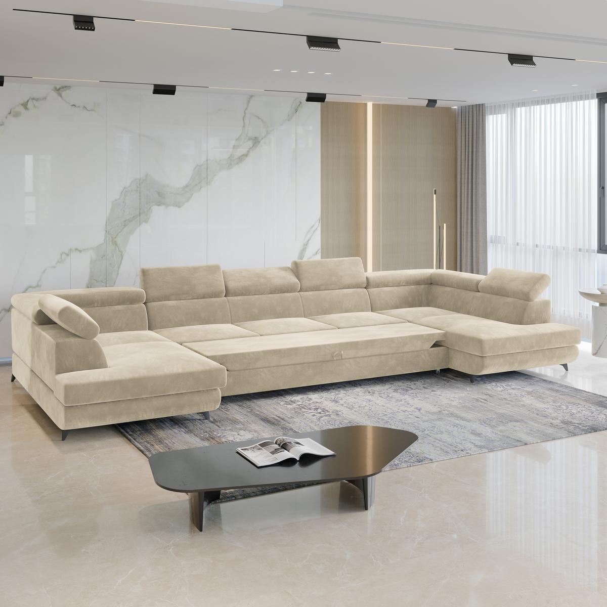 WOHNLANDSCHAFT URMANO Creme Velours-Stoff mit Schlaffunktion - Creme, Holz (395/89/190cm) - MASSENO