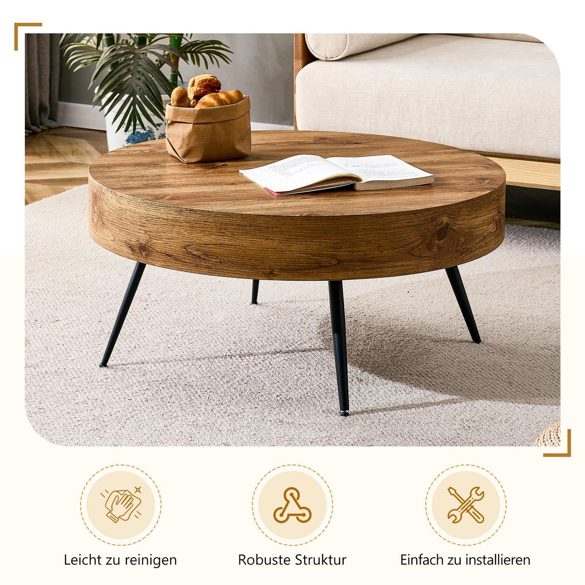 COUCHTISCH holzoptik rund metallbeine kompakt - Naturfarben, Holzwerkstoff (70/70/35.5cm) - Urban Meuble