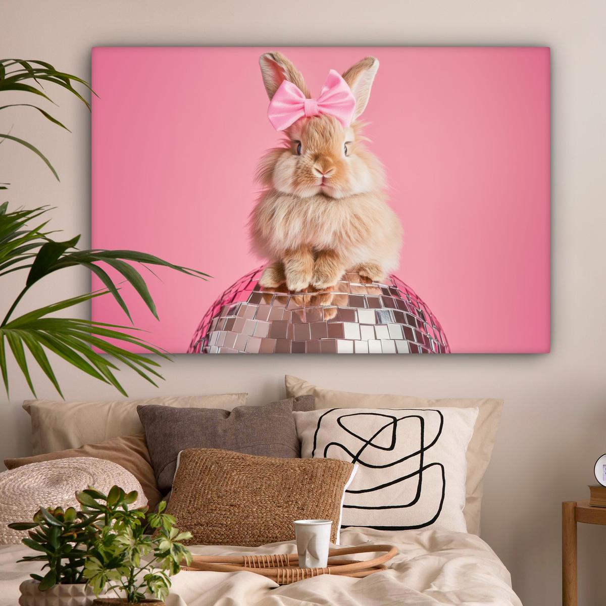 LEINWANDBILD Schleife - Discoball - Kaninchen Groß 140x90 cm - Pink, Textil (140/90cm) - MuchoWow