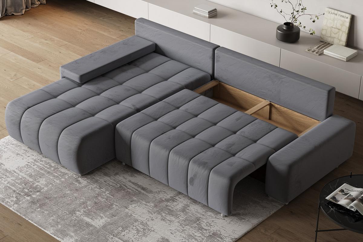 ECKSOFA ALESE L-S Grau Velours-Stoff mit Schlaffunktion - Silberfarben/Grau, Holz/Textil (265/185cm) - MASSENO