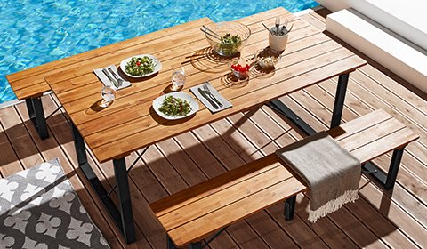 Tisch mit einer Tischplatte aus Akazienholz sowie Füßen aus Metall in Schwarz günstig kaufen bei mömax.