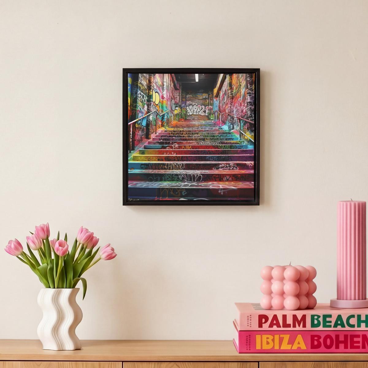 LEINWAND Bilder mit Rahmen - Treppe - Graffiti - Farben - Kunst - 20x20 - Multicolor, Textil (20/20cm) - MuchoWow