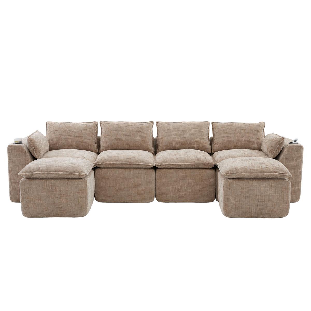 4-SITZER-SOFA aus chenille, modular mit 2 fußhockern und getränkehaltern - Sandfarben, Textil (322/75/161cm) - Urban Meuble