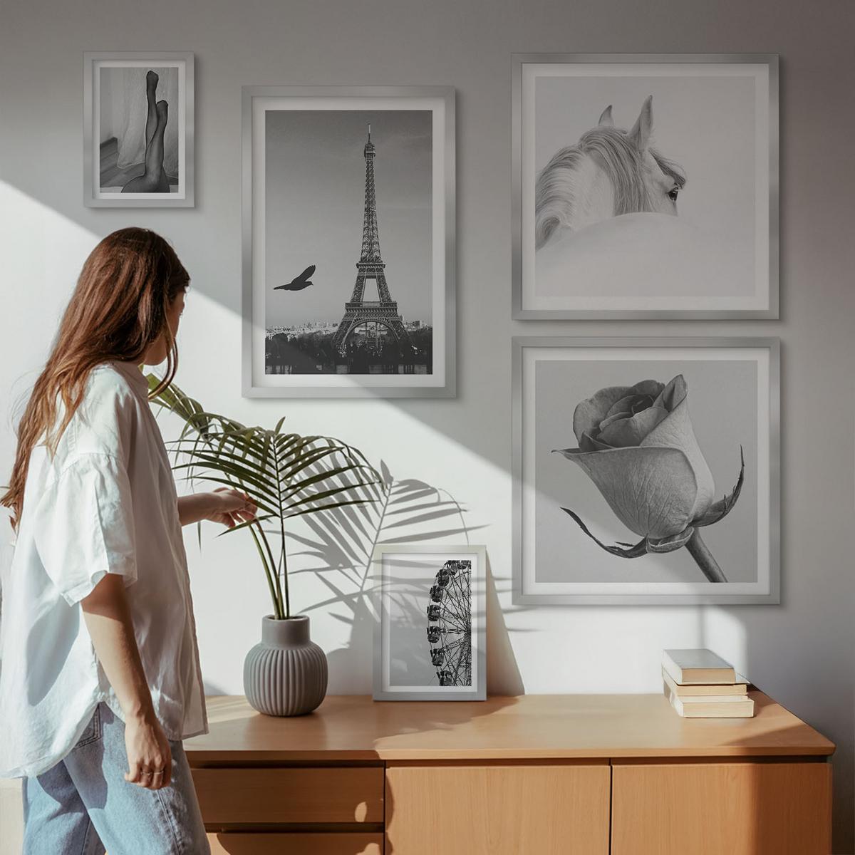 BILDER SET 5er Set - 50x50 cm & 20x30 cm & 40x60 cm Silberner Rahmen - Abstrakte warme Muster - Silberfarben, Kunststoff (40/60cm) - TULUP