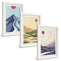 BILDER SET 3er Set - 20x30 cm Weißer Rahmen - Pastellfarbene Berge im Japandi-Stil - Weiß, Kunststoff (20/30cm) - TULUP