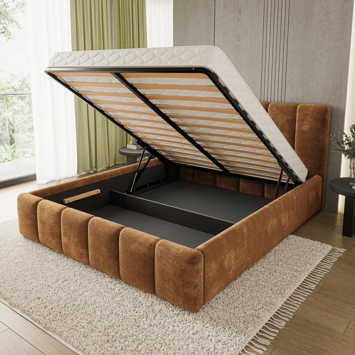 POLSTERBETT ATTORA LM 180x200 cm mit Bettkästen - Hellbraun - Hellbraun, Holz (180/200cm) - MASSENO