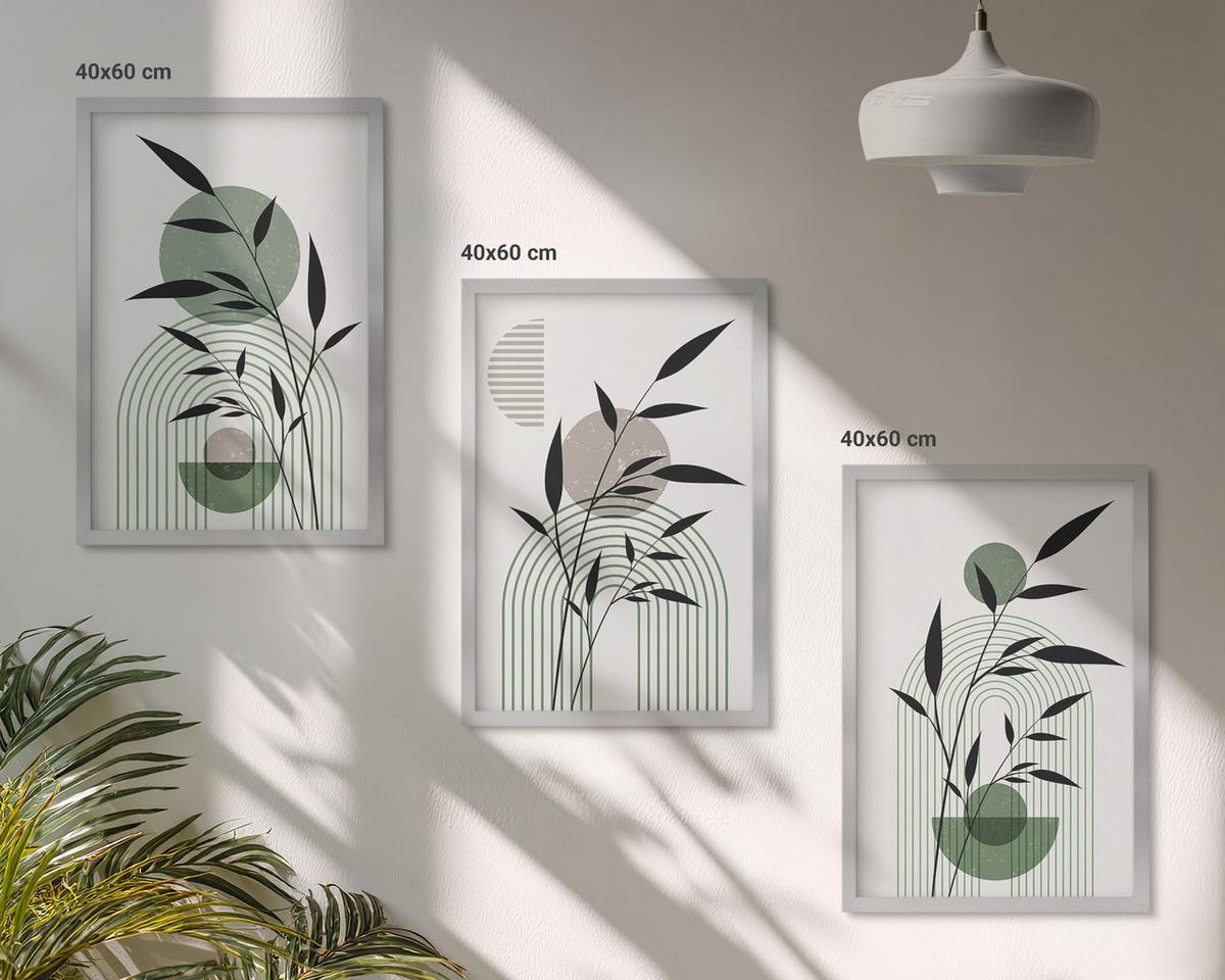 BILDER SET 3er Set - 40x60 cm Silberner Rahmen - Boho-Pflanzenkompositionen - Silberfarben, Kunststoff (40/60cm) - TULUP