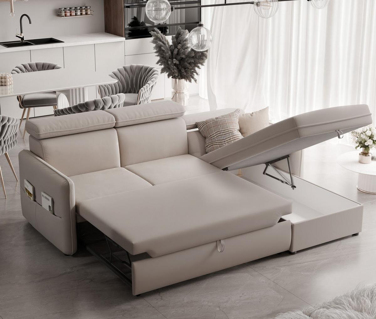 ECKSOFA BENI mit Schlaffunktion und Bettkasten, Stoff Creme - Creme, Kunststoff/Textil (220/160cm) - Idohome