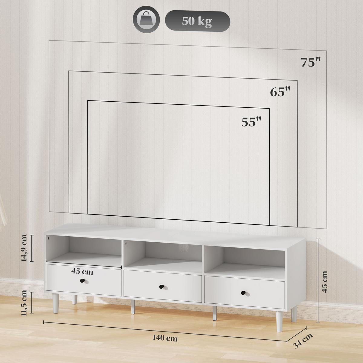 TV Schrank TV Board mit Schubladen, Weiß 140x34x45cm - Weiß, Holzwerkstoff (34/45/140cm) - HOMCOM