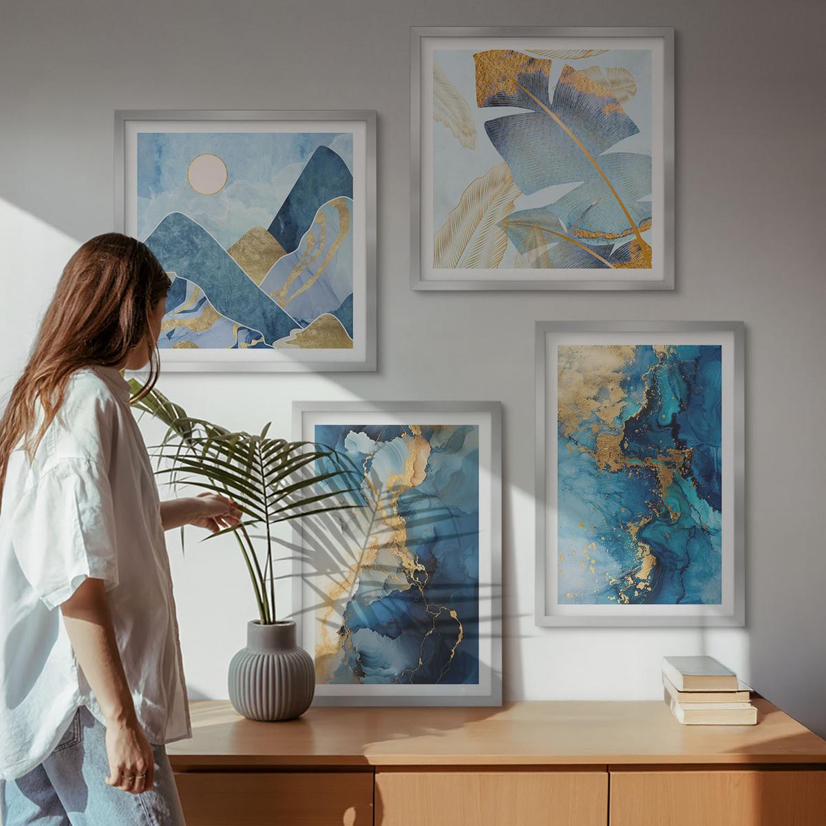 BILDER SET 4er Set - 50x50 cm & 40x60 cm Silberner Rahmen - Goldmuster in den blauen Bergen - Silberfarben, Kunststoff (50/50cm) - TULUP