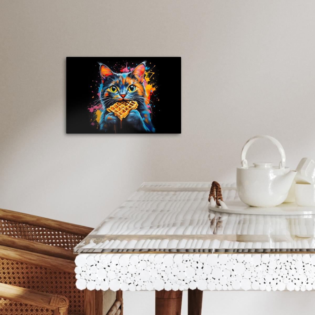 LEINWANDBILD Katze - Graffiti - Bunt - Waffel - Essen Deko Schlafzimmer 30x20 cm - Türkis, Textil (30/20cm) - MuchoWow