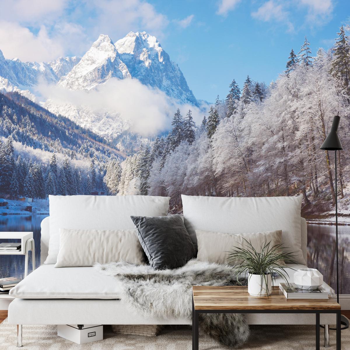 FOTOTAPETE für Wohnzimmer Winterberglandschaft See Nadelwald Schnee 150x105 - Blau/Braun, Papier (150/105cm) - Muralo