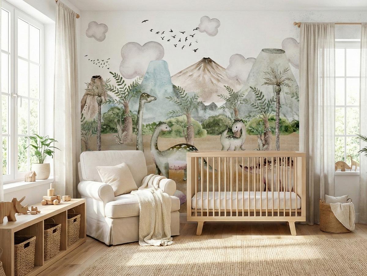 FOTOTAPETE für Kinderzimmer Dinosaurier Welt Vulkane Aquarell Tropische Bäume 300x210 - Blau/Beige, Papier (300/210cm) - Muralo