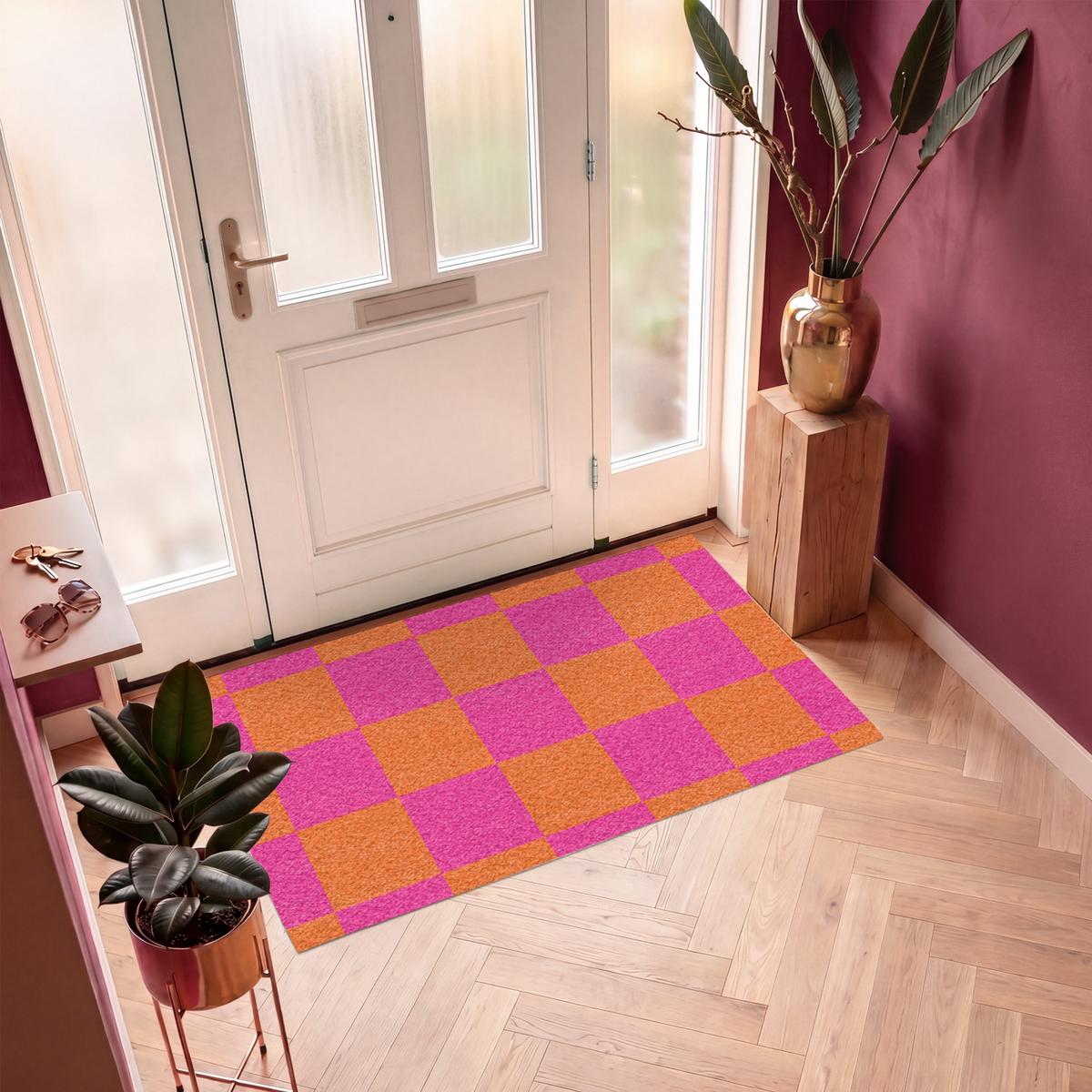 FUSSMATTE Schachbrettmuster - Orange - Rosa - Blöcke Schmutzfangmatte 150x90 cm - Pink, Kunststoff (150/0.4cm) - MuchoWow