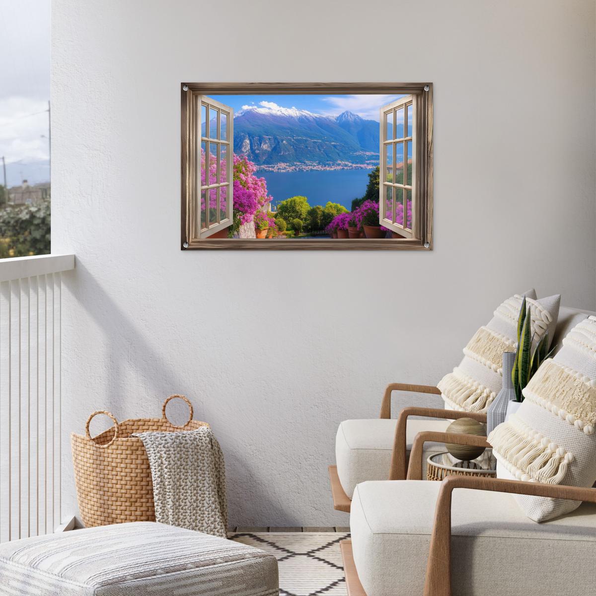 GARTENPOSTER Durchblick - Berg - Landschaft - Ausblicke - See Gartendeko 90x60 cm - Blau, Kunststoff (90/60/0.2cm) - OnlyWow