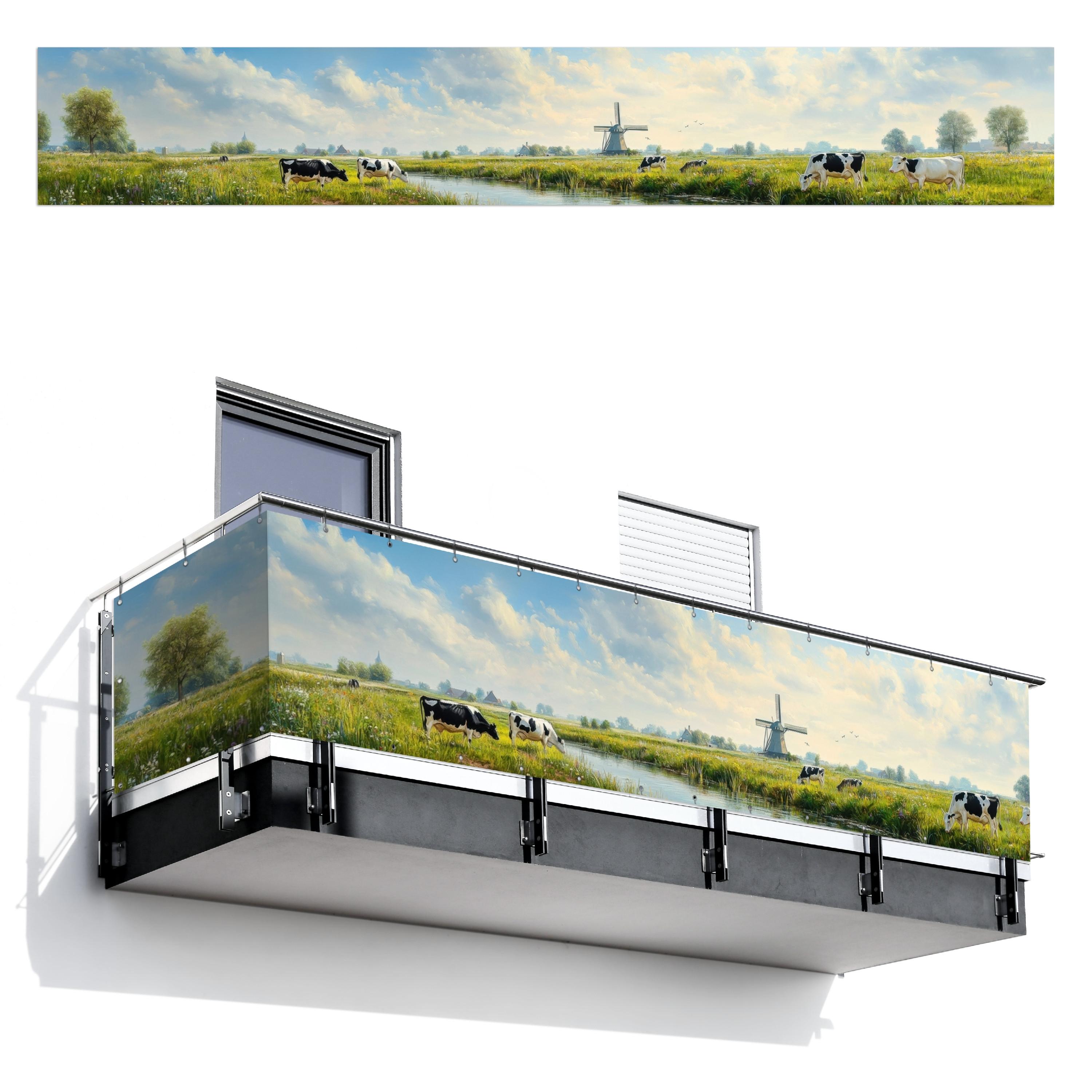 BALKON-SICHTSCHUTZ Kühe - Windmühle - Wiese - Blau Groß 500x80 cm - Grün, Kunststoff (500/80cm) - MuchoWow