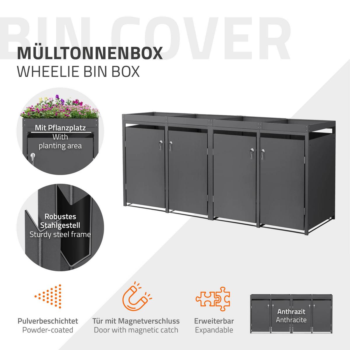MÜLLTONNENBOX 4er mit Pflanzdach Anthrazit - Anthrazit, Metall (264/124/80cm) - ML-DESIGN