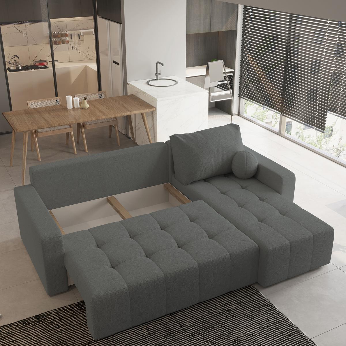 ECKSOFA VOLIRA Grau Boucle-Stoff mit Schlaffunktion - Grau, Holz (230/143cm) - MASSENO