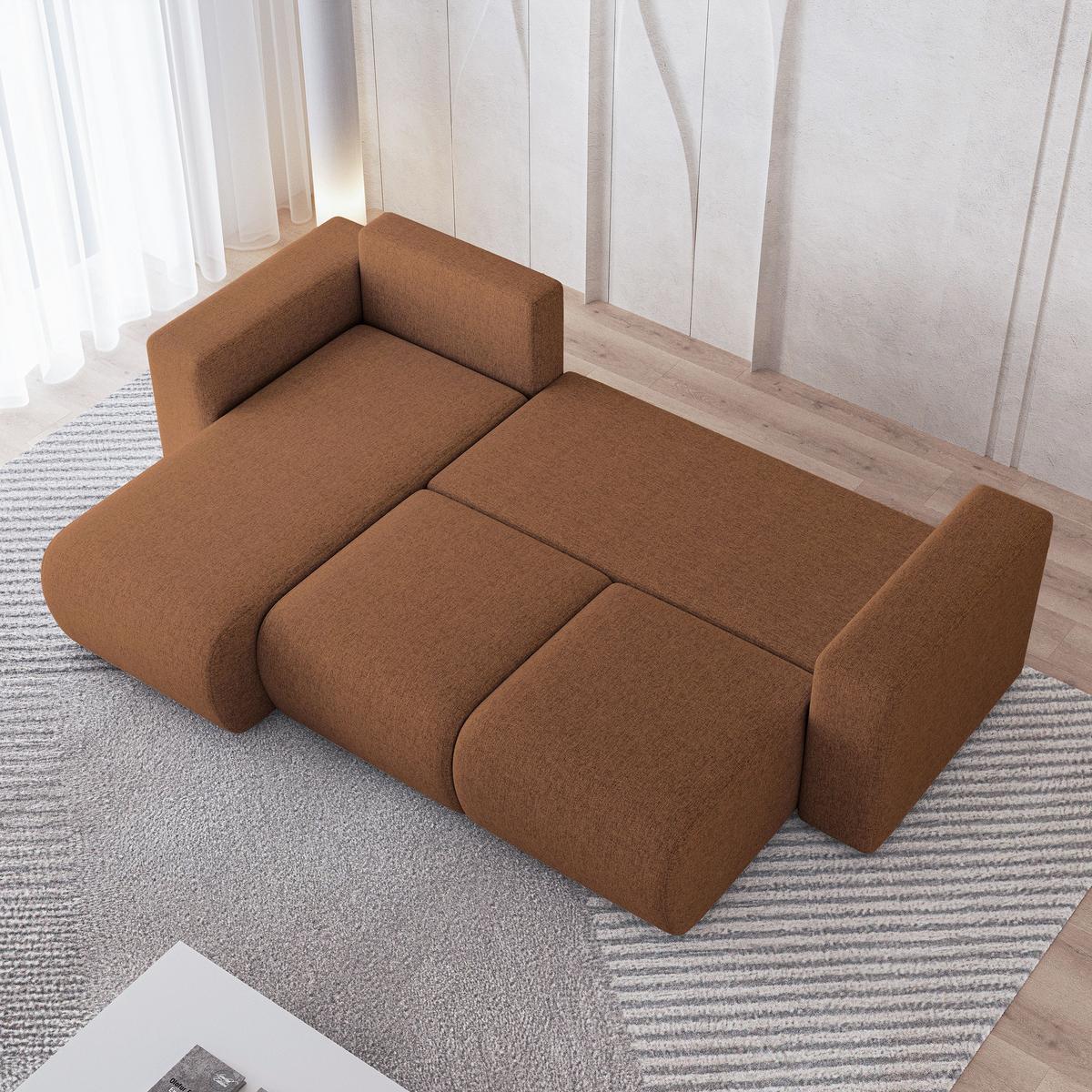 ECKSOFA RINOVA Kupferfarben Geflochtener Stoff mit Schlaffunktion - Kupferfarben, Holz (250/143cm) - MASSENO