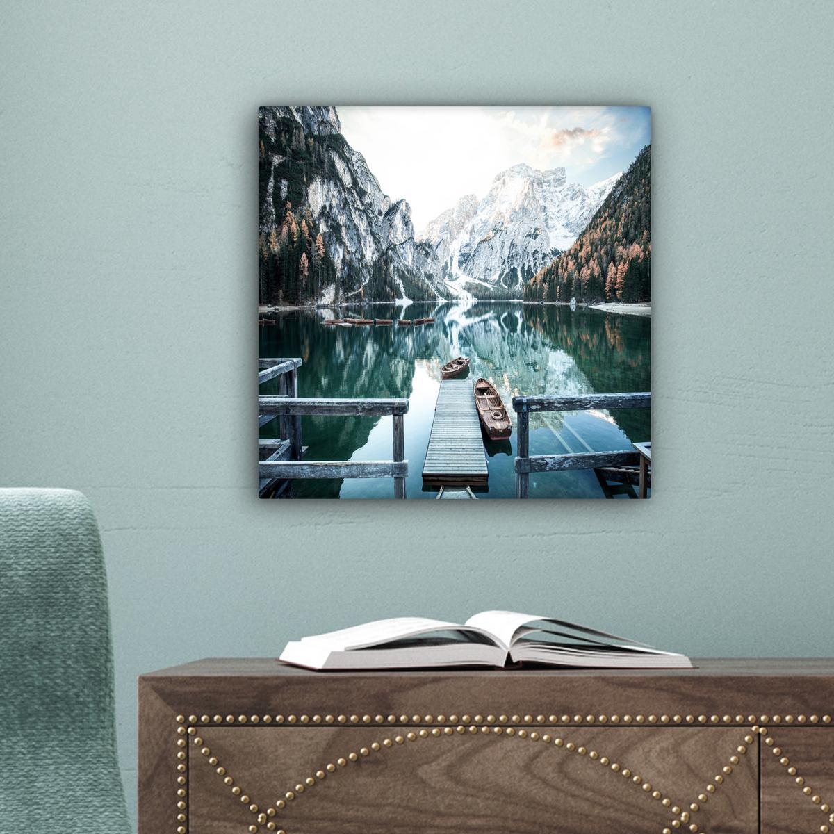 LEINWANDBILD Natur - Berge - Schnee - Wald - Boot Deko Wohnzimmer 20x20 cm - Hellgrün, Textil (20/20cm) - MuchoWow