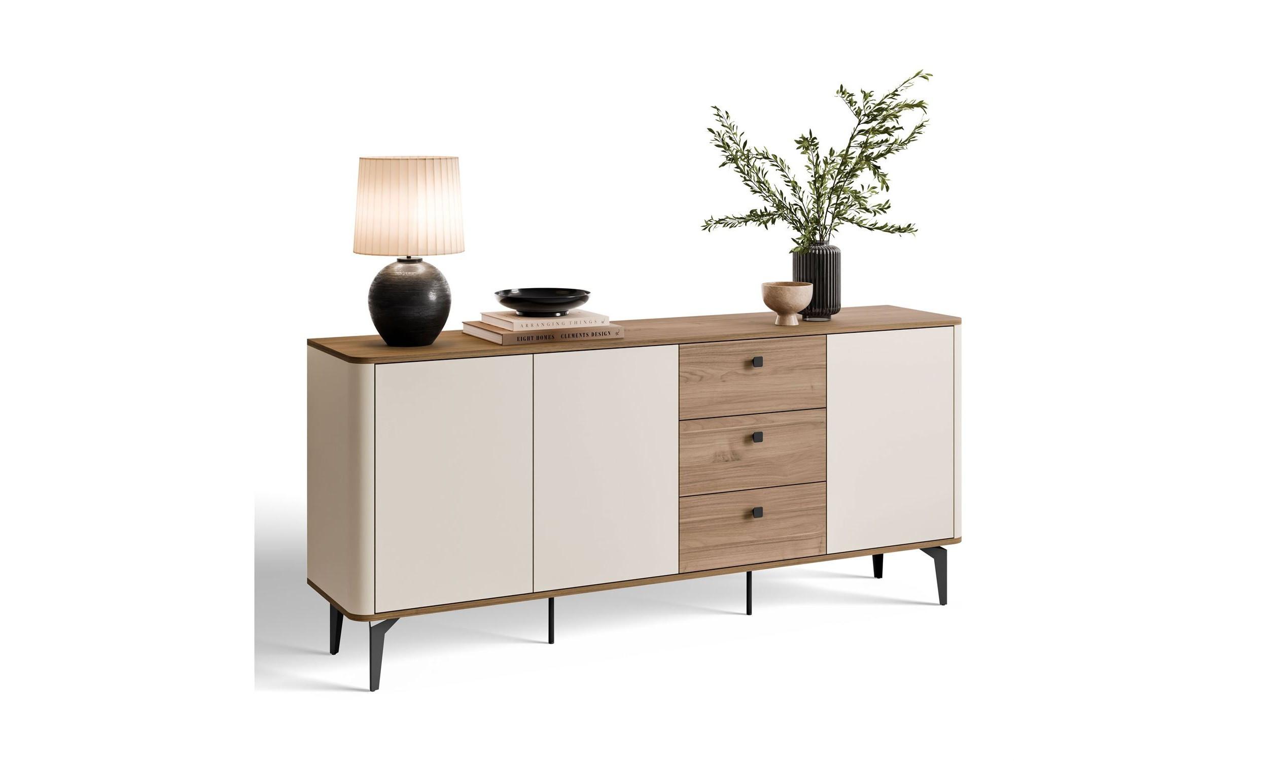 KOMMODE MOCHA 180/40,2/81,2 cm 3 Türen 3 Schubladen Kaschmir/Nussbaum Royal - Kaschmir/Schwarz, Holzwerkstoff/Metall (180/81.2/40.2cm) - Lookway