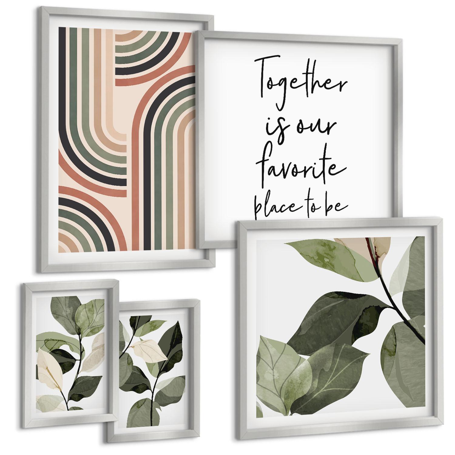 BILDER SET 5er Set - 50x50 cm & 20x30 cm & 40x60 cm Silberner Rahmen - Geometrische Pflanzenmotive - Silberfarben, Kunststoff (40/60cm) - TULUP