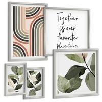 BILDER SET 5er Set - 50x50 cm & 20x30 cm & 40x60 cm Silberner Rahmen - Geometrische Pflanzenmotive - Silberfarben, Kunststoff (40/60cm) - TULUP