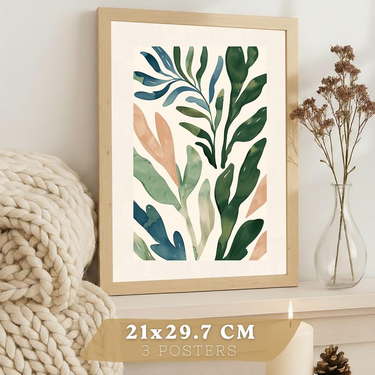 POSTER 3er Bilder-Set Wandbilder Floral Pastell modern Wohnzimmer Deko, Schlafzimmer, Küche, Badezimmer Rahmenlos A4 - Beige, Papier (29.7/1/21cm) - Nacnic