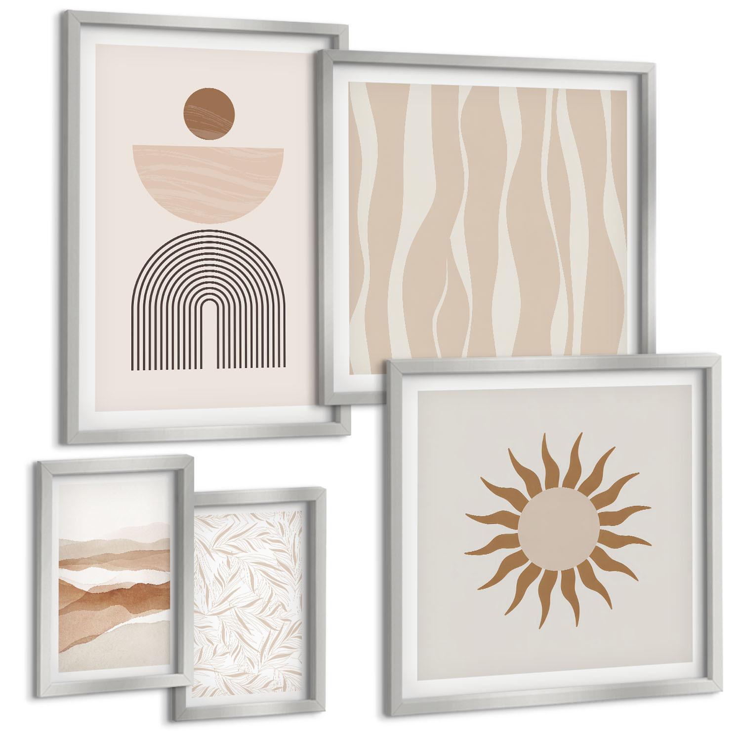 BILDER SET 5er Set - 50x50 cm & 20x30 cm & 40x60 cm Silberner Rahmen - Abstrakte Landschafts- und Naturgeometrie - Silberfarben, Kunststoff (40/60cm) - TULUP