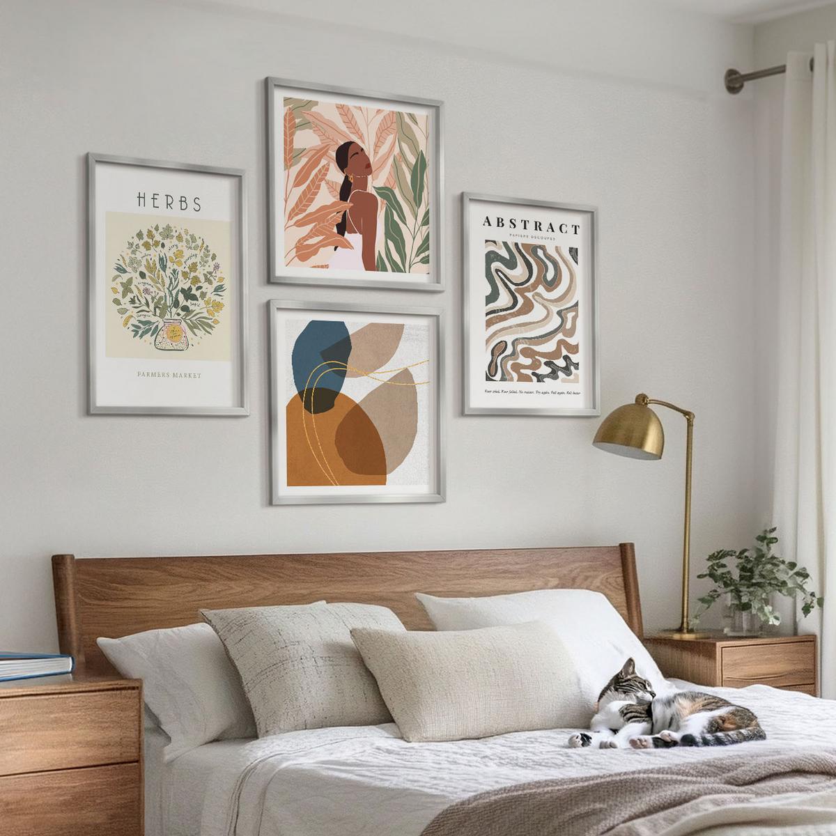 BILDER SET 4er Set - 50x50 cm & 40x60 cm Silberner Rahmen - Boho-Ästhetik, Pastellposter - Silberfarben, Kunststoff (50/50cm) - TULUP
