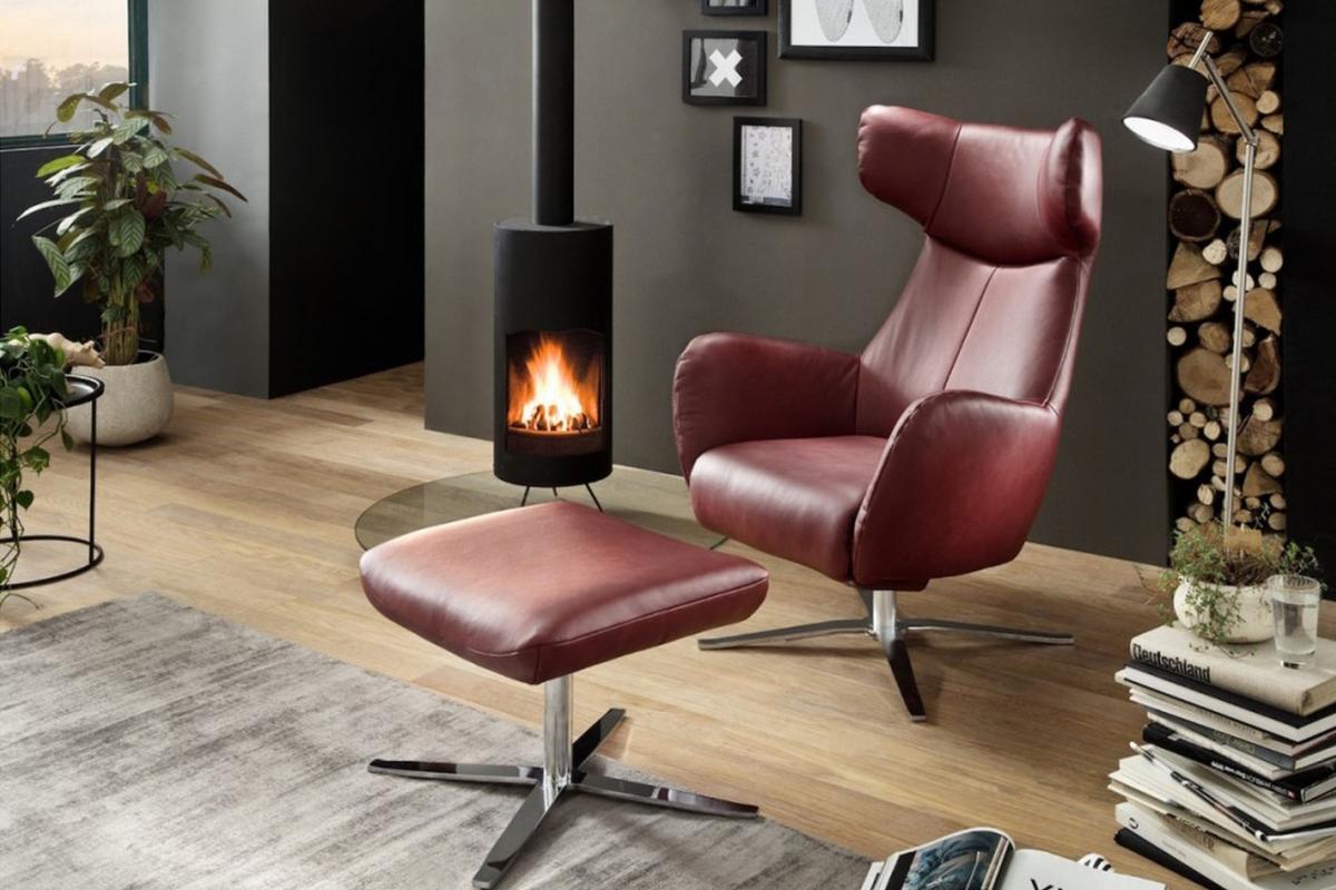 DREHSESSEL INKL. HOCKER RANDY Rot Leder Drehbar (180°) - Rot/Silberfarben, Leder (79/117/96cm) - KAWOLA
