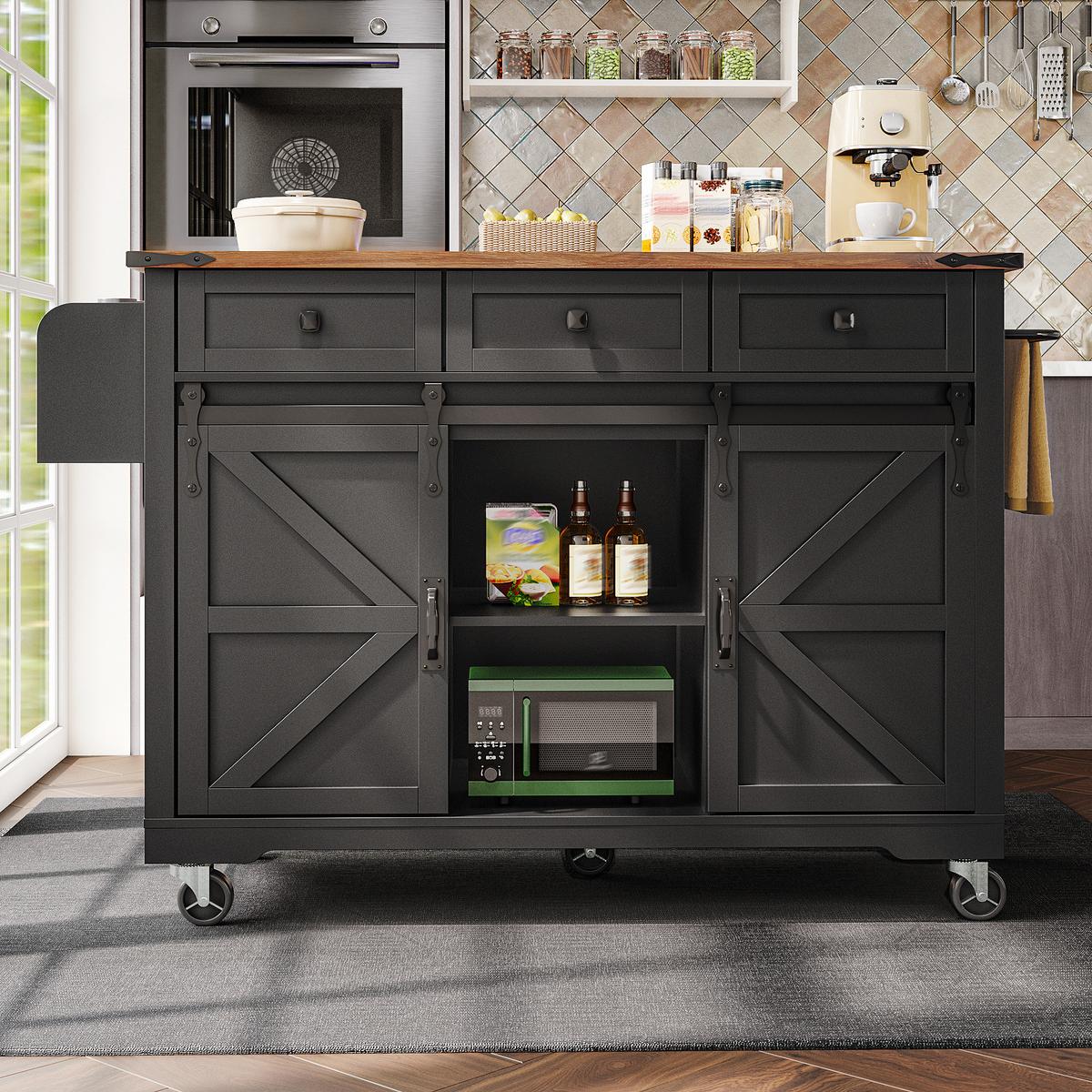 KÜCHENINSEL Schwarz mit Klapptisch, Schiebetüren & Rollen - Schwarz, Holzwerkstoff (140/94/45cm) - Urban Meuble