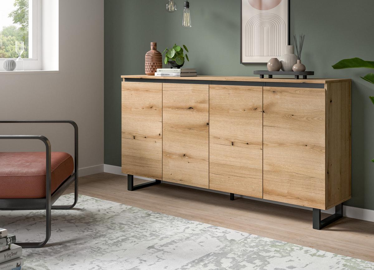 SIDEBOARD Evoke Eiche mit schwarz, Kommode 4-türig 160 x 84 cm mit Soft-Close - Eichefarben/Schwarz, Holz/Holzwerkstoff (160/84/36cm) - Inn.Furn