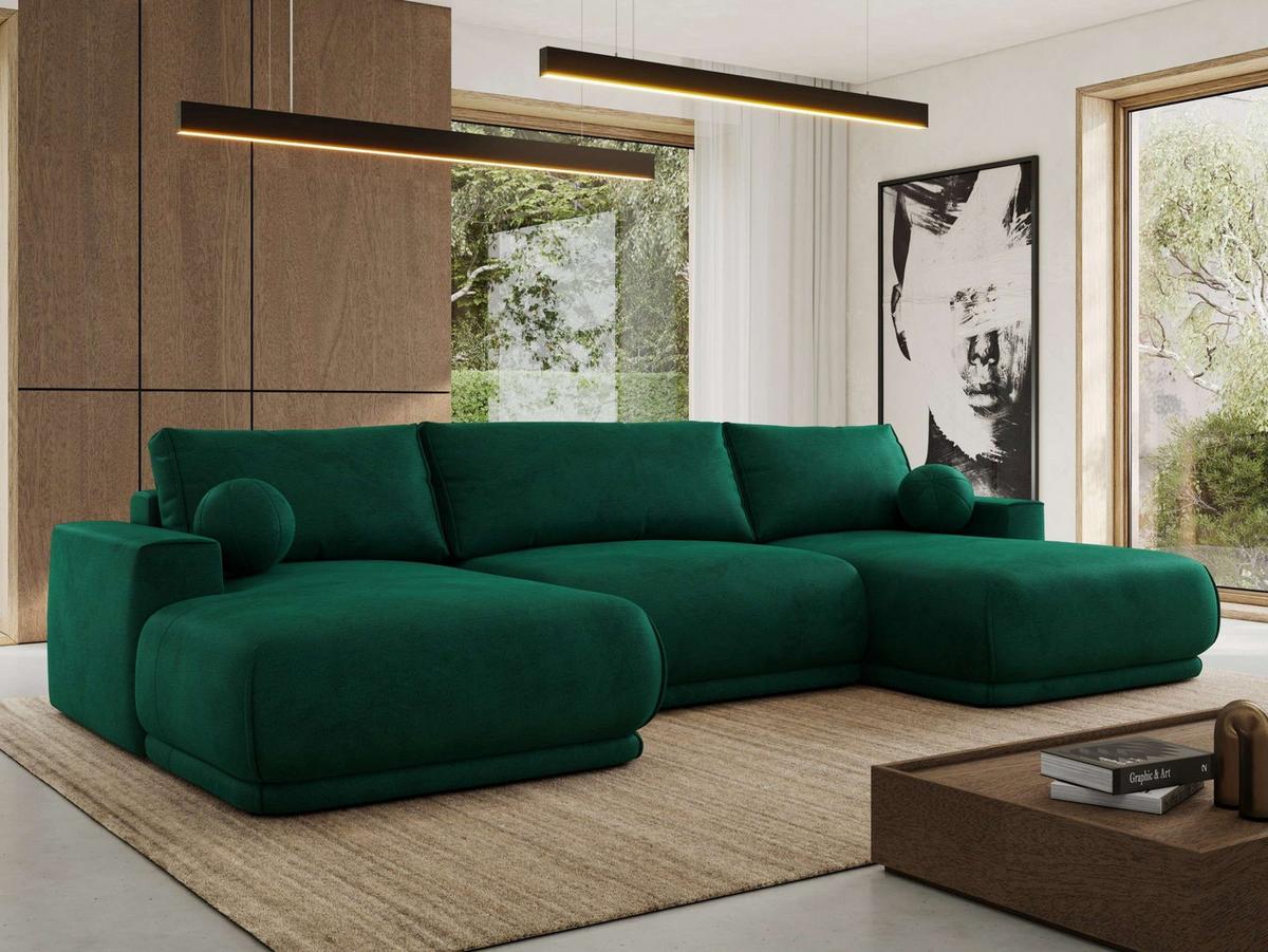 WOHNLANDSCHAFT RINA U Dunkelgrün Velvet - Dunkelgrün/Schwarz, Kunststoff/Textil (360/85/170cm) - MKS