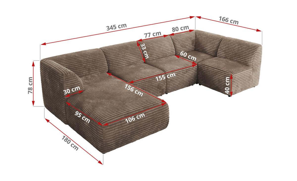 WOHNLANDSCHAFT MODARO U 5M - Braun Cord - Rechts - Schwarz/Braun, Textil (345/78/180cm) - MKS