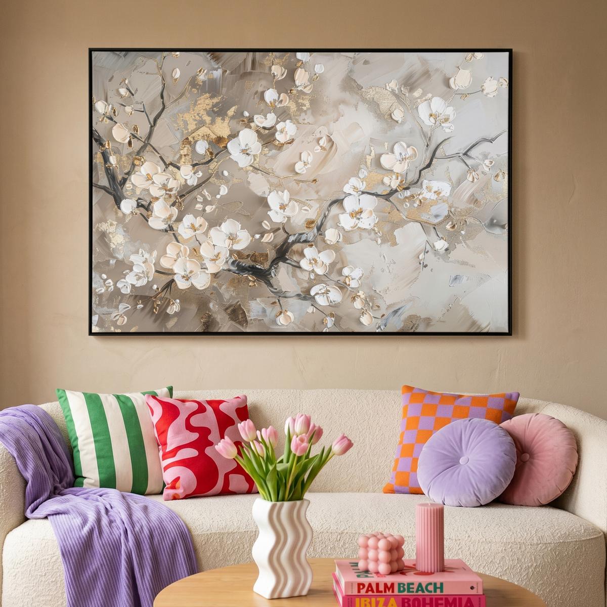 LEINWAND Bilder mit Rahmen - Blumen - Weiß - Gold - Beige - Luxus - 150x100 - Greige, Textil (150/100cm) - MuchoWow