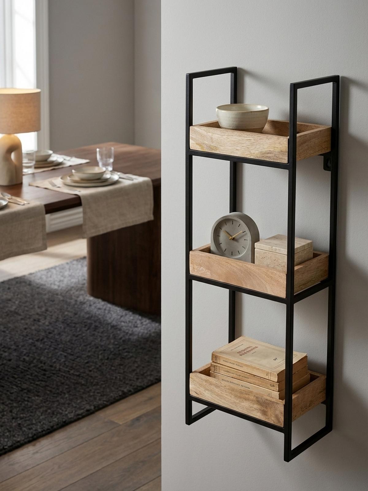 WANDREGAL Mango Massivholz Metall Industrial Stil 27x77x18 cm Rechteckig mit 3 Ablagen - Schwarz/Braun, Holz (27/77/18cm) - KADIMA DESIGN