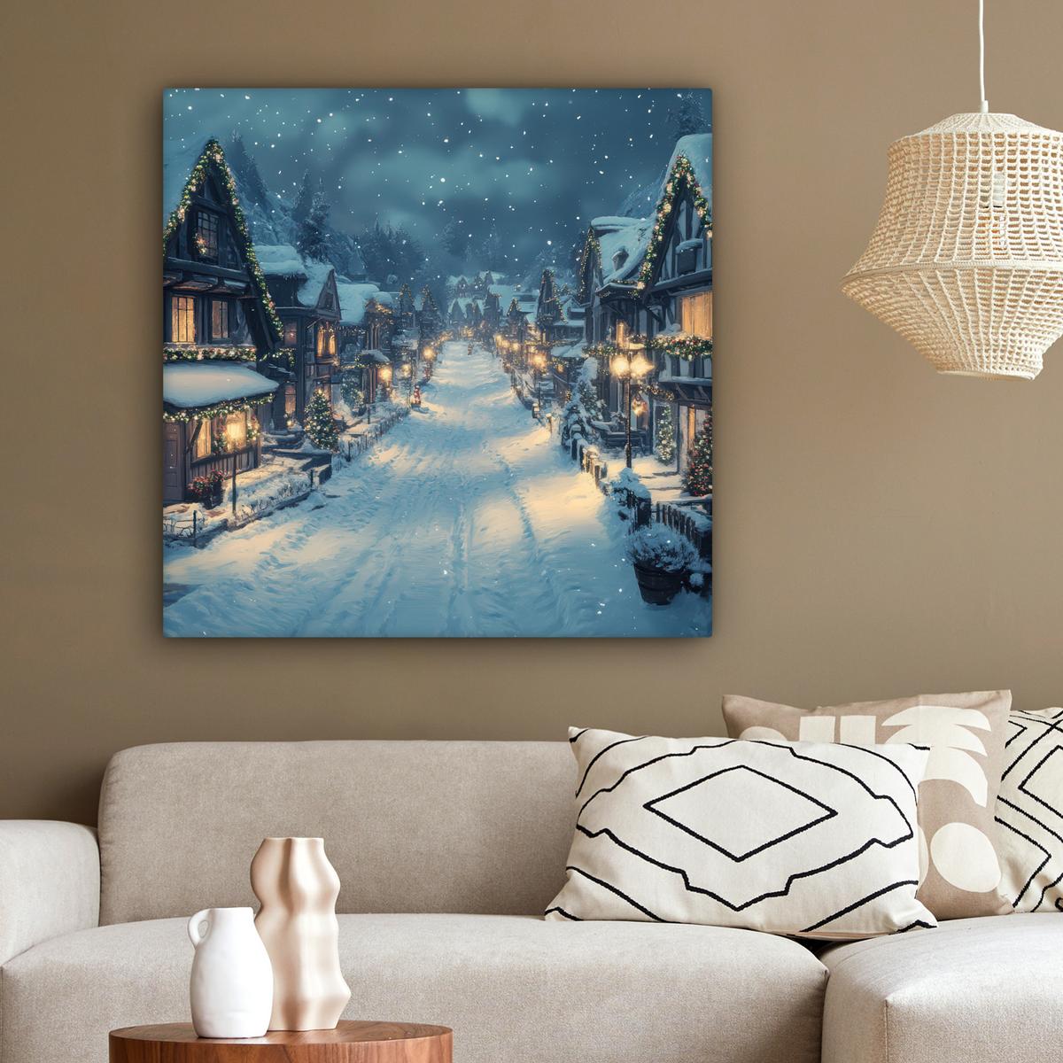 LEINWANDBILD Weihnachtsdorf - Weihnachten - Schnee - Winter Deko Groß 90x90 cm - Dunkelblau, Textil (90/90cm) - MuchoWow