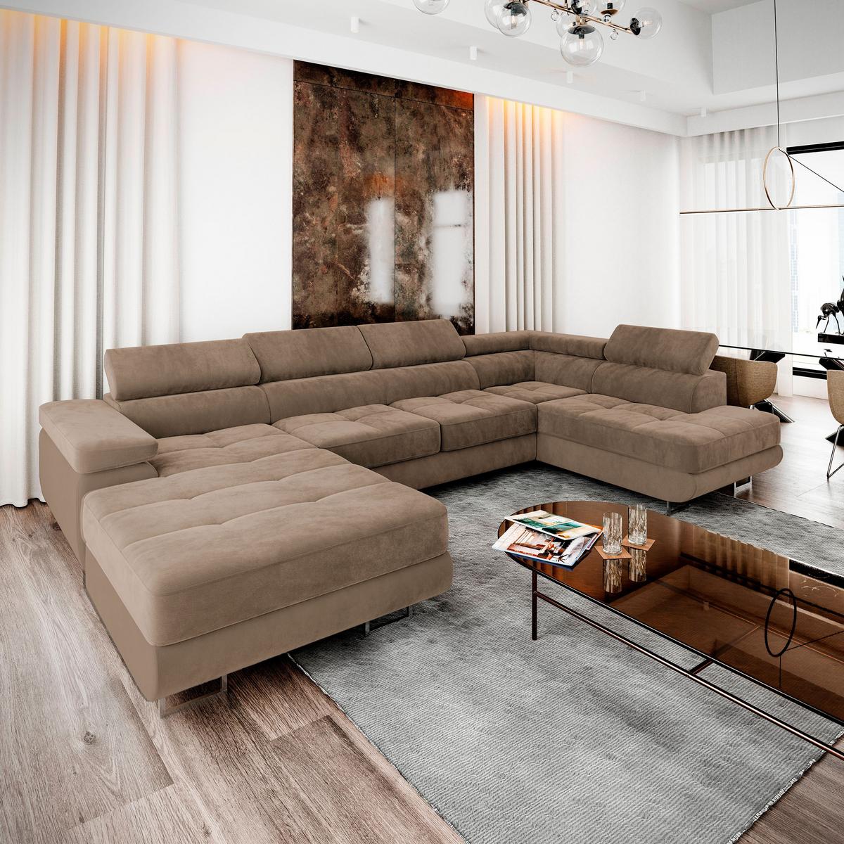 WOHNLANDSCHAFT CASONE R-S Beige Velours-Stoff mit Schlaffunktion - Beige/Silberfarben, Holz/Textil (345/90/202cm) - MASSENO