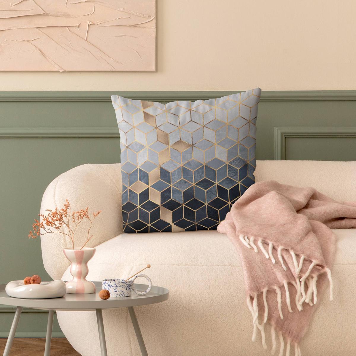 DEKOKISSEN Blau Weiß goldene Geometrie 40/40 cm - Goldfarben, Textil (40/40/10cm) - Bilderwelten