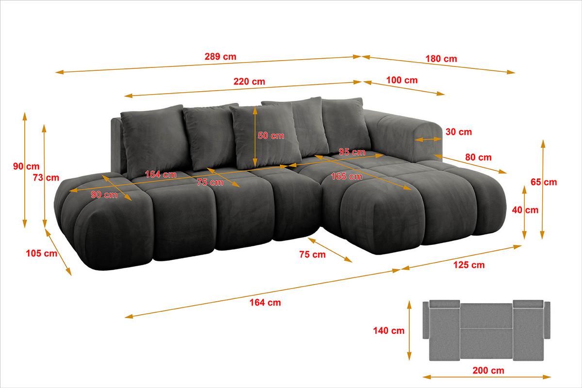 ECKSOFA Ottomane Rechts CLOUD-L-v1 280x185x90 Dunkelgrau Velours - Dunkelgrau, Holzwerkstoff/Kunststoff (185/280cm) - ALTDECOR