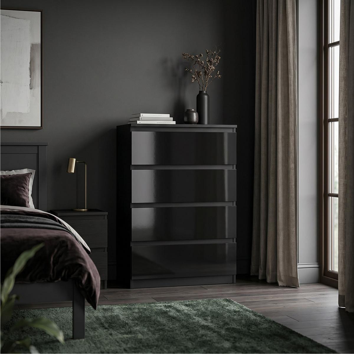 KOMMODE NUDO 70/102/39cm mit 4 Schubladen Türen Schwarz - Schwarz Hochglanz/Schwarz, Holzwerkstoff (70/102/39cm) - MASSENO