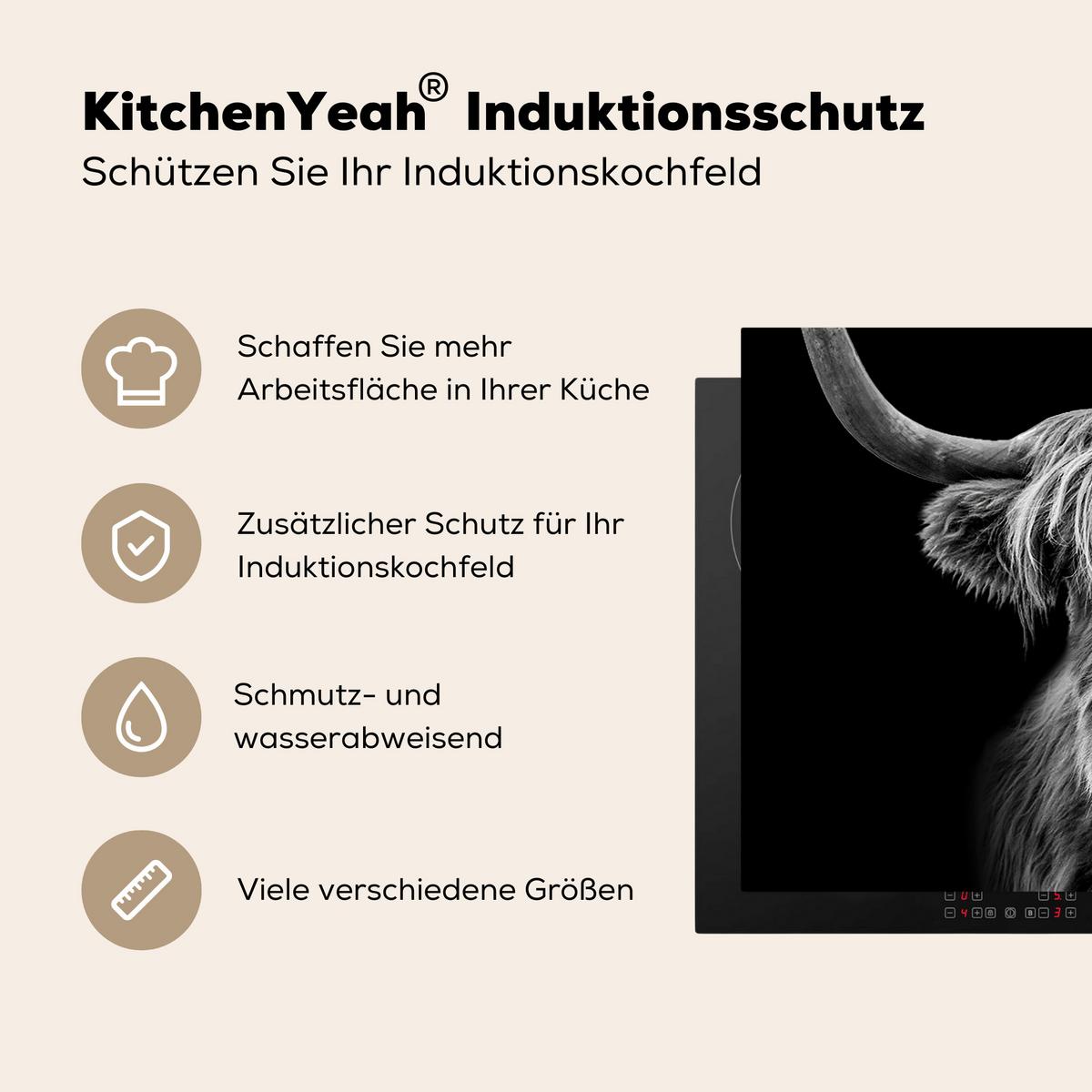HERDABDECKPLATTE Schottischer Highlander - Hörner - Schwarz - Weiß - Kuh - Wild - Tiere Ceranfeldabdeckung 80x52 cm - Schwarz, Kunststoff (80/52/0.2cm) - MuchoWow