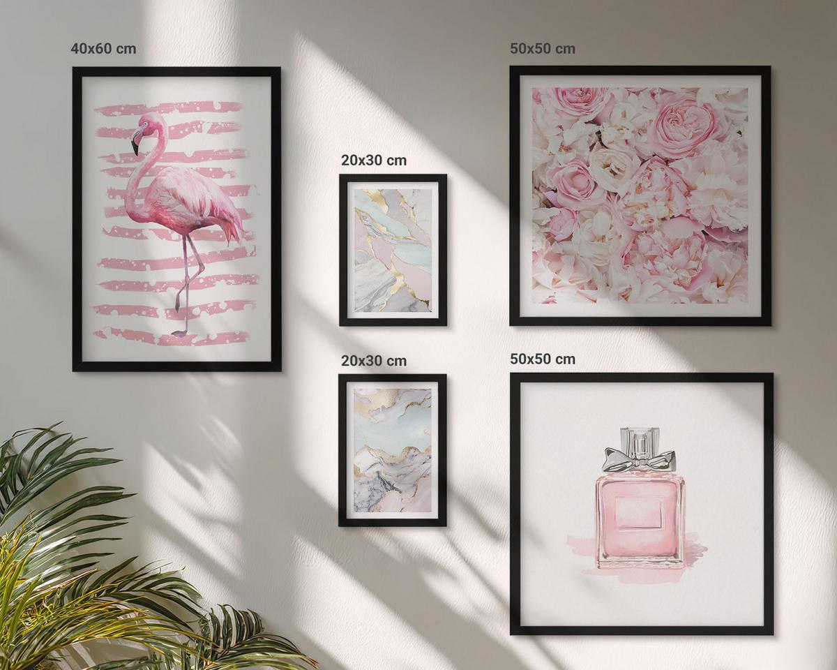 BILDER SET 5er Set - 50x50 cm & 20x30 cm & 40x60 cm Schwarzer Rahmen - Rosa Blumen Marmor Pastell - Schwarz, Kunststoff (40/60cm) - TULUP