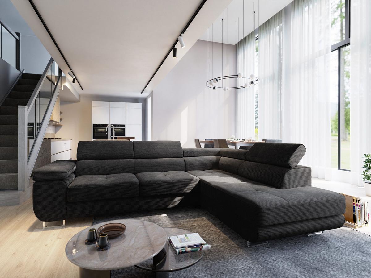 ECKSOFA APIRO R-S Schwarz Kordstoff mit Schlaffunktion - Silberfarben/Schwarz, Holz/Textil (276/202cm) - MASSENO